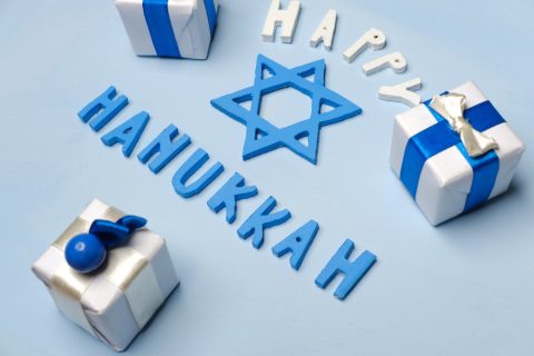 Hanukkah Background With Hanukkiah Symbol Star Of David, Wooden Letters, Gifts.